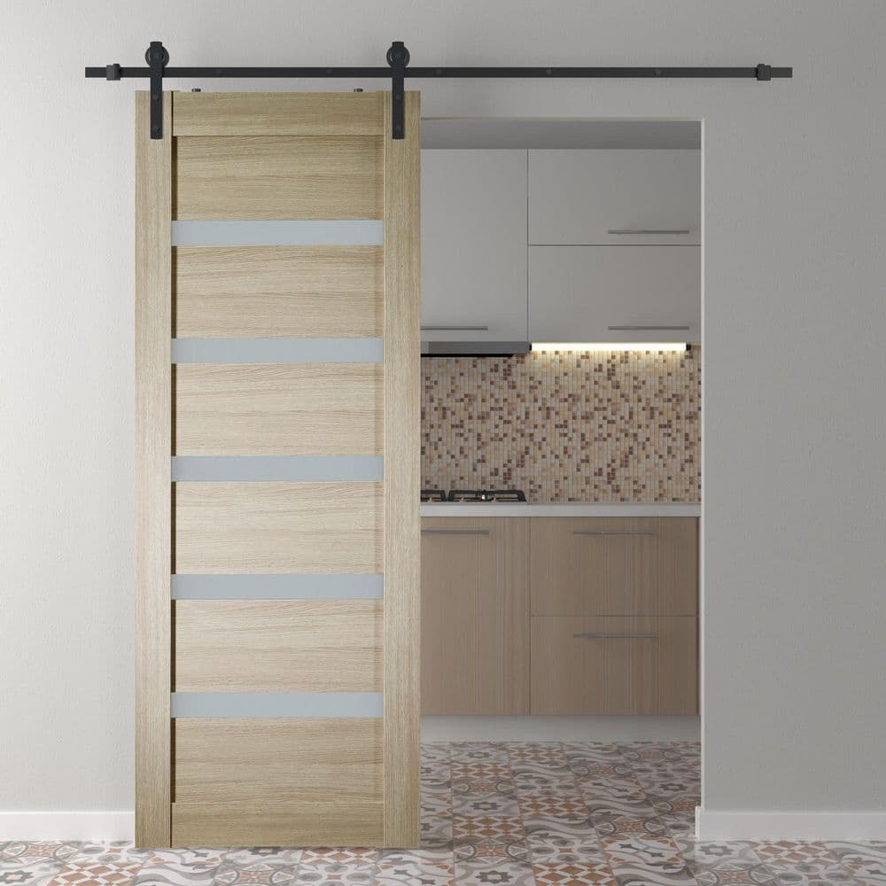 Leora 32" Light Brown Composite Barn Door with Frosted Glass