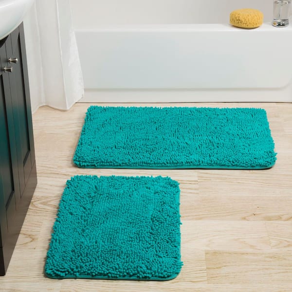 Lavish Home Shag Seafoam 21 in. x 32 in. Memory Foam 2-Piece Bath Mat Set