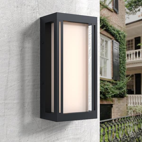 Maxax Montpelier Black Modern Dusk to Dawn Outdoor Integrated LED Hardwired Lantern Sconce with White Shade (2-Pack)