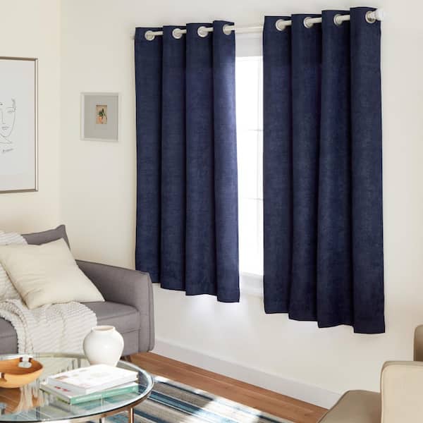 EXCLUSIVE HOME Lustre Navy Solid Woven Room Darkening Grommet Top Curtain, 52 in. W x 63 in. L (Set of 2)