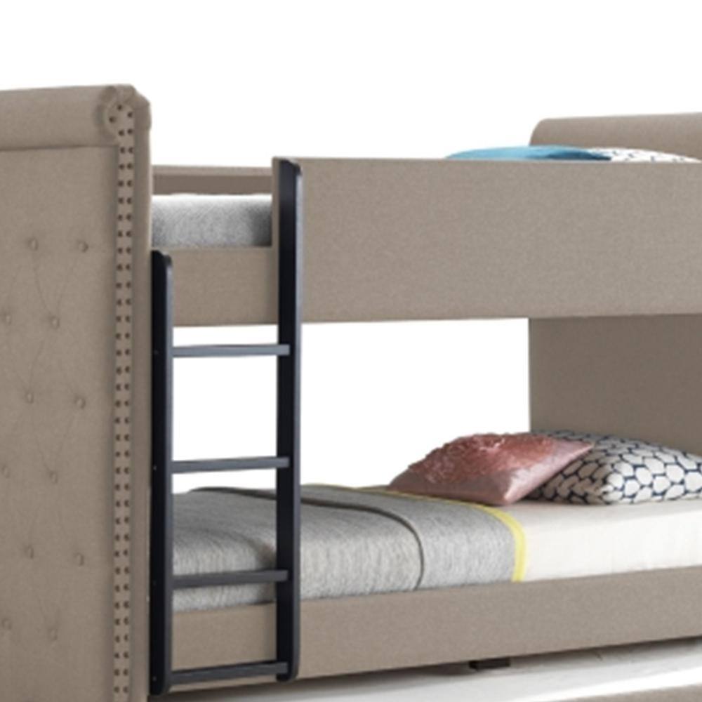 Beige Twin Bunk Bed with Trundle and Tufted Upholstery