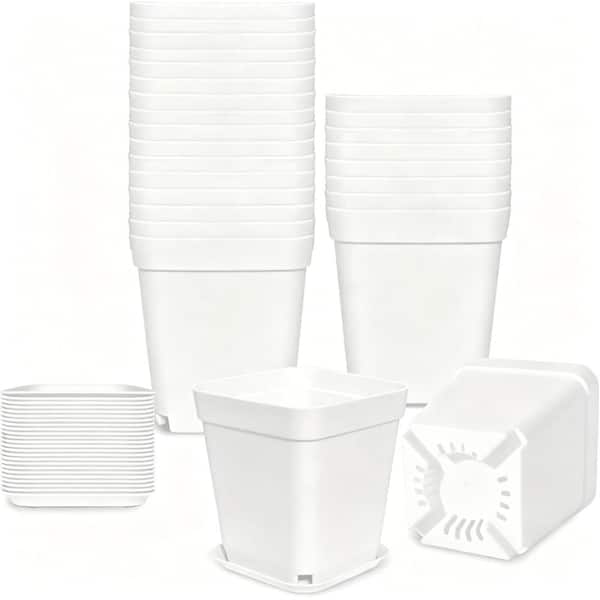 3 in Square Plant Pots Drainage with Saucers White 24 Piece