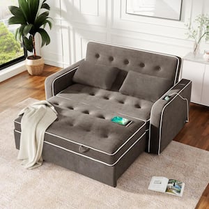 65.7 in. W Gray Linen Full Size Convertible 2-Seat Sleeper Sofa Bed Adjustable Loveseat Couch with Dual USB Ports