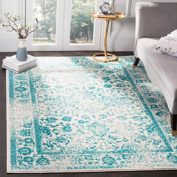 Adirondack 3 ft. x 5 ft. Ivory/Teal Border Distressed Area Rug