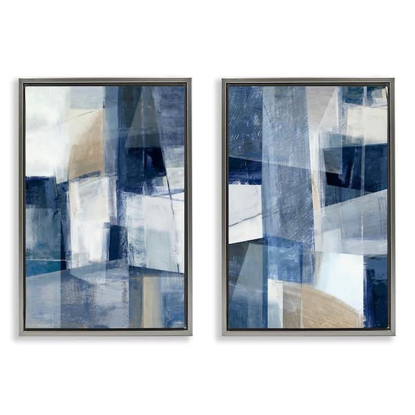 Stupell Industries Blue and Neutral Geometrics by Hannah Dawson 2-Pieces Gray Floater Frame Abstract Graphic Art Print 31 in. x 21 in.
