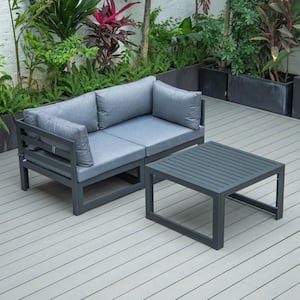 Chelsea Black 3-Piece Aluminum Patio Conversation Set with Blue Cushions