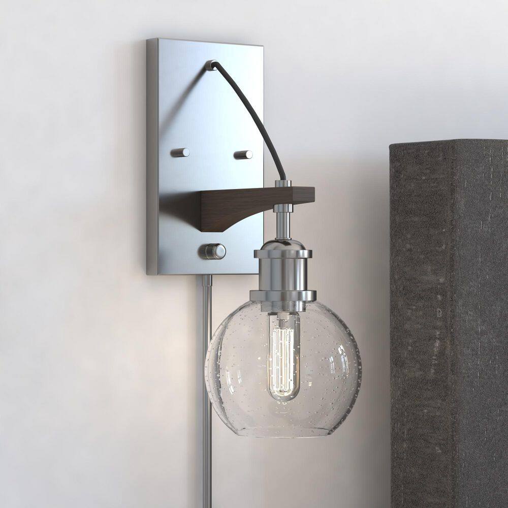 Avondale Rustic Wood & Satin Nickel Dimmable Sconce with Seeded Glass Globe