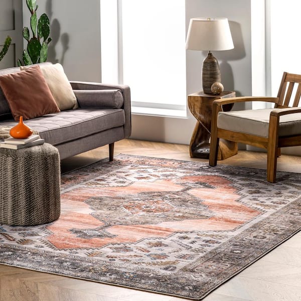 Gracie Machine Washable Distressed Medallion Peach 6 ft. x 6 ft. Indoor Round Rug
