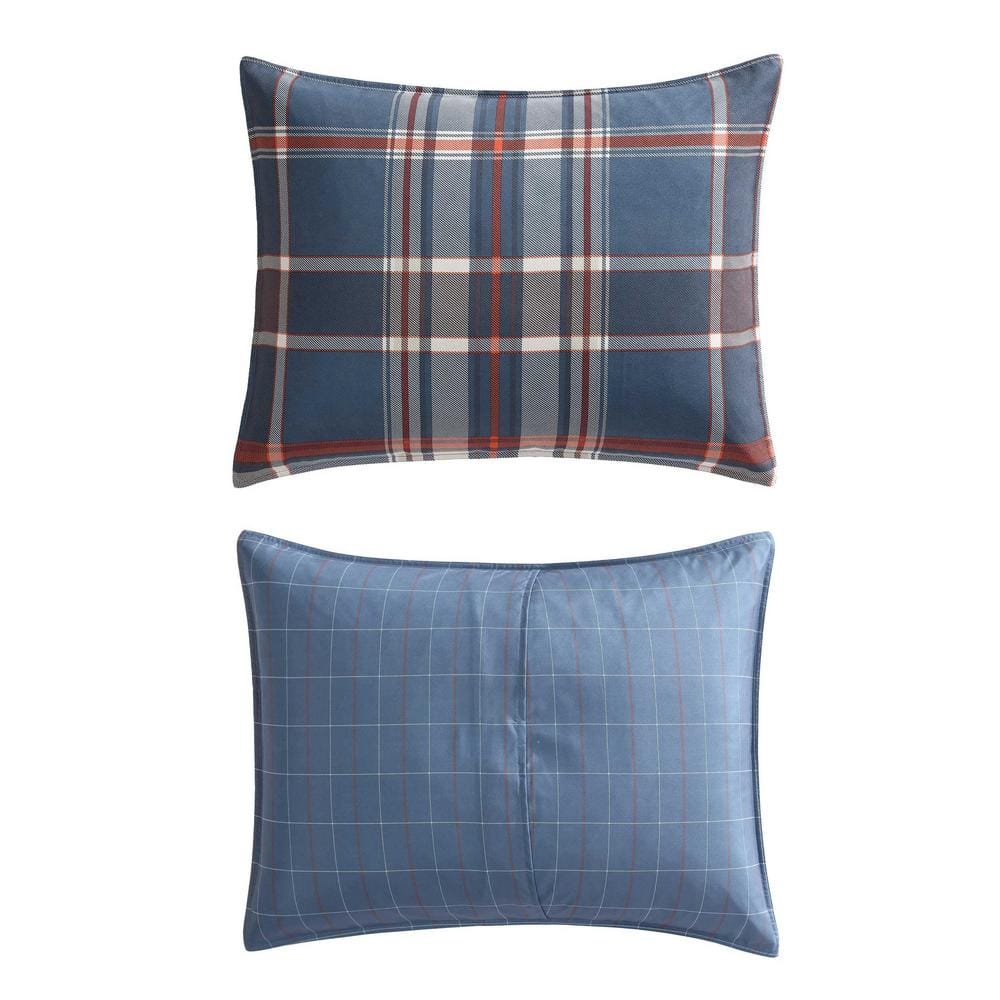 Navy Blue Plaid Microfiber Full/Queen Duvet Cover Set