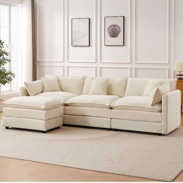 112.2 in. Square Arm L-Shaped Chenille Deluxe Pillow-Styled Modular Sectional Sofa in. Beige with 1-Ottoman