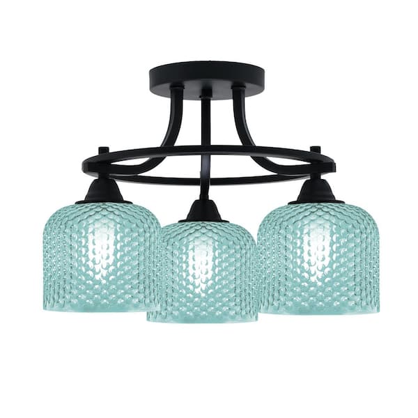 Madison 14 in. 3- Light Matte Black Semi Flush Mount with 6 in. Turquoise Textured Glass Shades No bulbs included