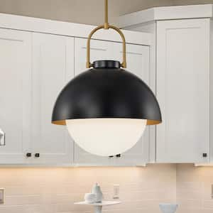 1-Light Matte Black and Gold Metal Modern Pendant Light Fixture with Opal Glass Shade for Dining Room or Kitchen Island