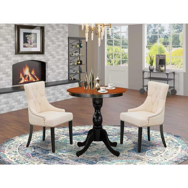 East West Furniture 3-Piece Black and Cherry Finish Solid Wood Top - Button Tufted Dining Room Set - Seats-4