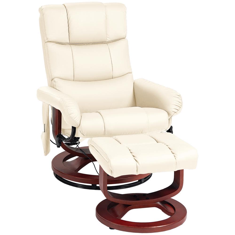 HOMCOM Cream White Faux Leather Massage Chair with Ottoman and Swivel ...