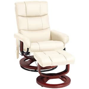 Cream White Faux Leather Massage Chair with Ottoman and Swivel