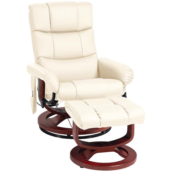 HOMCOM Cream White Faux Leather Massage Chair with Ottoman and Swivel