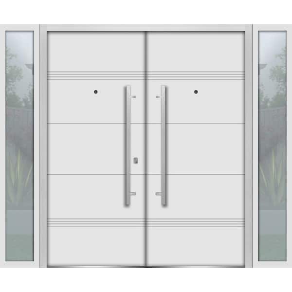 VDOMDOORS 1705 104 in. x 80 in. Left-Hand/Inswing 2 Sidelites Exterior Black Windows White Steel Prehung Front Door with Hardware