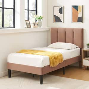 Upholstered Bed Frame, Brown Metal Frame Twin Platform Bed with Adjustable Headboard, Wood Slat, No Box Spring Needed