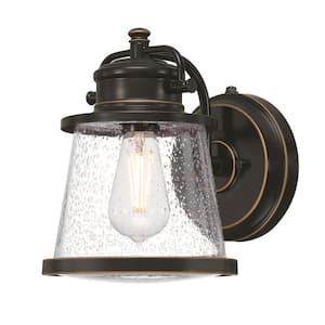 Emma Jane 1-Light Amber Bronze Outdoor Wall Mount Lantern with Clear Seeded Glass, Dusk to Dawn Sensor