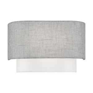 Brookmeade 13 in. 2-Light Brushed Nickel ADA Wall Sconce with Urban Gray and White Color Fabric Shade