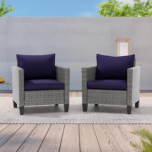 2-Pack Gray Wicker Patio Outdoor Single Sofa with Navy Blue Cushion