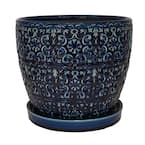 12 in. Dia Blue Mediterranean Bell Ceramic Planter Decorative Pots
