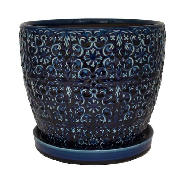 Trendspot 12 in. Dia Blue Mediterranean Bell Ceramic Planter Decorative Pots