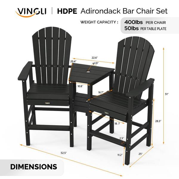 VINGLI Black HDPE Plastic Tall Adirondack Chairs Set of 2, Balcony