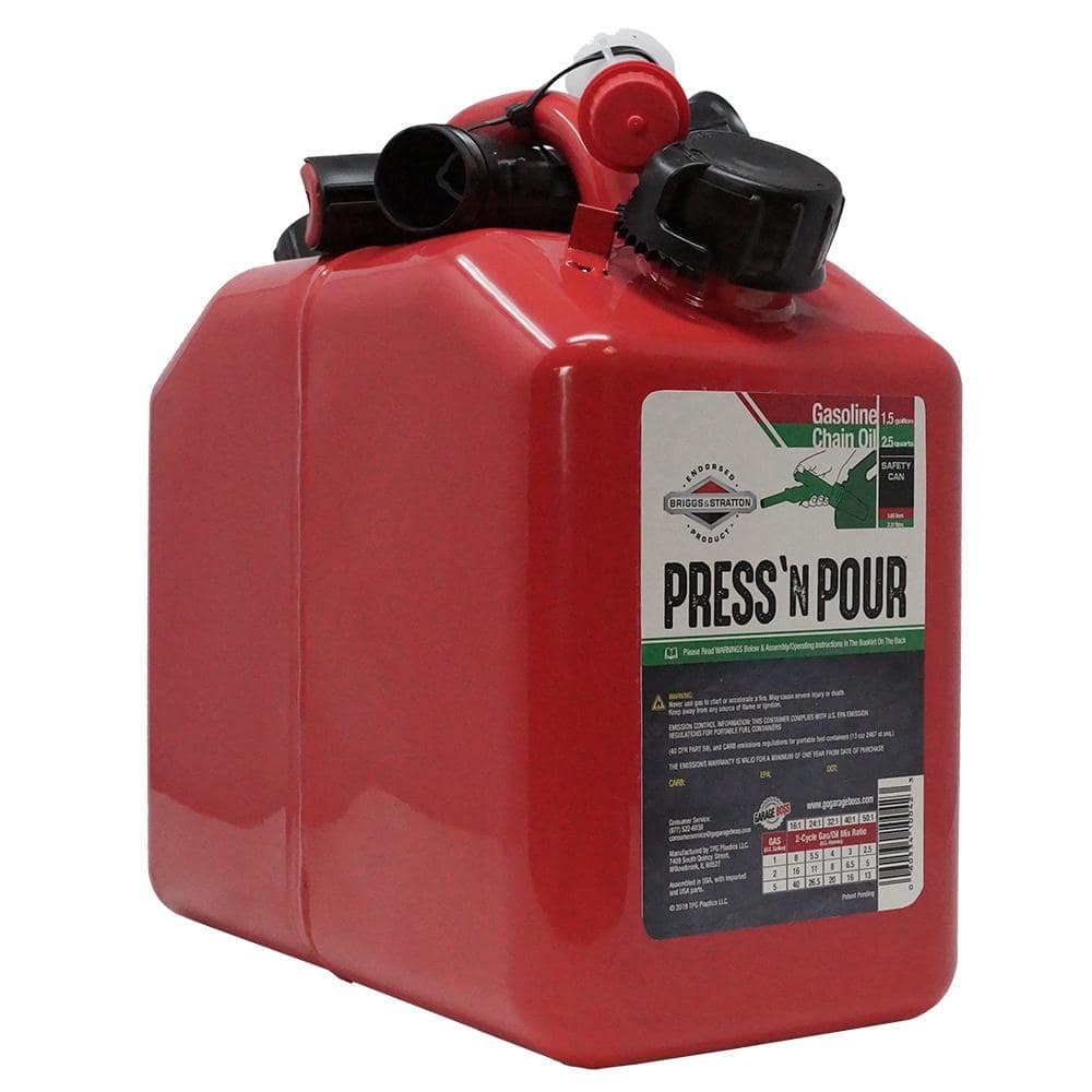 Garage Boss 2 Cans In 1 Press N Pour Metal Gas and Oil Portable Fuel Container