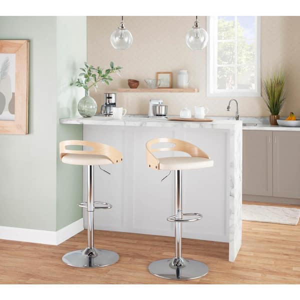 Lumisource Cassis 32.75 in. Cream Faux Leather, Chrome Metal and Natural Wood Adjustable Barstool (Set of 3)
