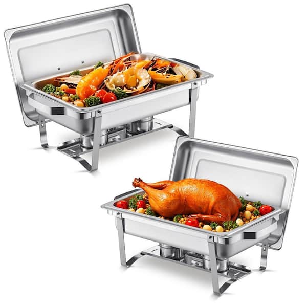 Chafing Dish Buffet Set, 8 qt. 2-Pack Stainless Steel Chafer with 2-Full Size Pans, Warmer Server with Lid Water, Silver