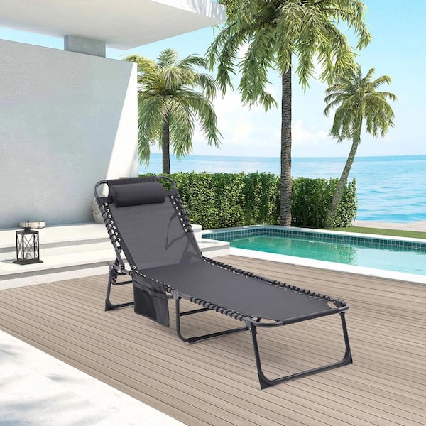 Runesay Portable 74.4 in.L Black 2-Piece Metal Adjustable and Reclining Outdoor Chaise Lounge with Pillow and Side Pocket