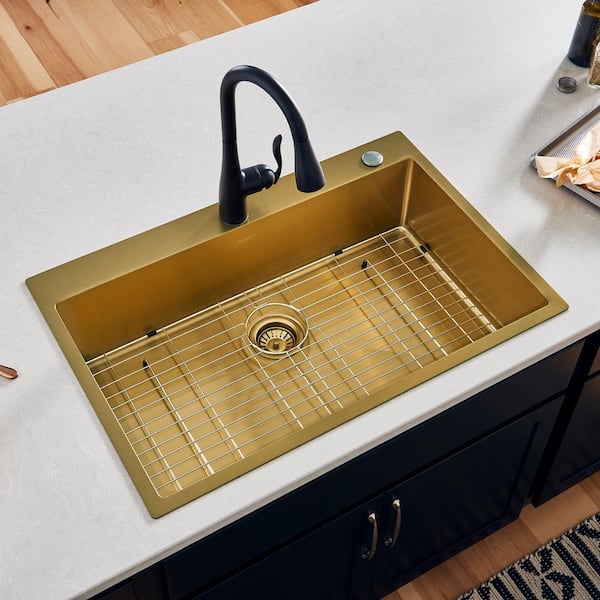 Ruvati Brass Tone Gold 16-Gauge Stainless Steel 33 in. Single Bowl Drop-In Kitchen Sink