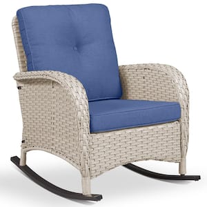 PlainCurve Metal and Light Beige Wicker Outdoor Rocking Chair with Olefin Navy Blue Cushions