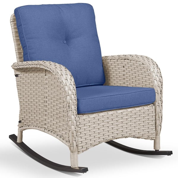Light Beige Wicker Outdoor Rocking Chair, 1-Piece Patio Rattan Rocker Chair with Blue Cushions for Garden Backyard Porch