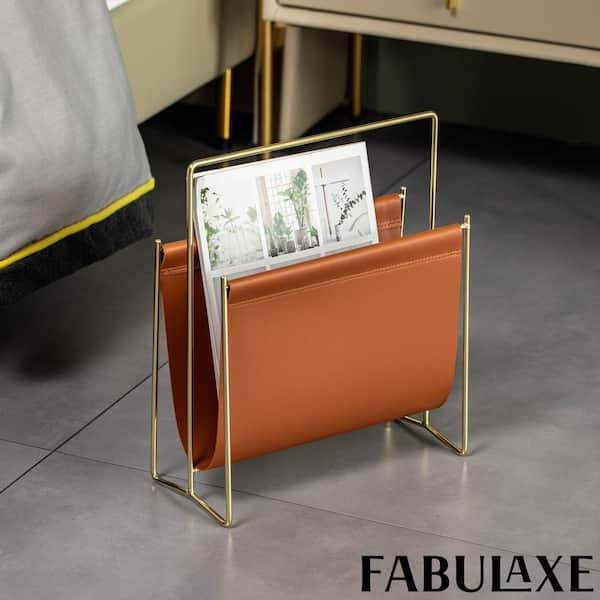 Tan Leather Magazine Holder, Newspaper Document Metal Rack Holder, selling Vintage style Home Decor & Office Accessories