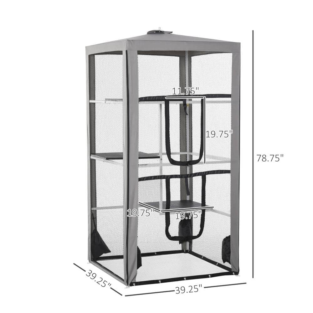 Tall Gray Metal Outdoor Cat Enclosure with Platforms