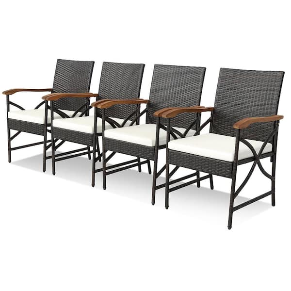 Gymax Set of 4 Mix Brown PE Wicker Outdoor Dining Chairs w/Soft Zippered Cushions Armchairs Patio