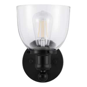 5.88 in. Evelyn 1-Light Matte Black Industrial Wall Mount Sconce Light with Clear Glass Shade
