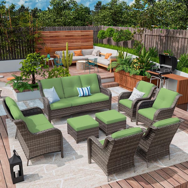 MeetLeisure 8-Piece Wicker Patio Conversation Set Yard Garden Porch with Green Cushions