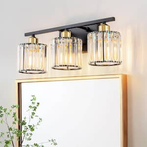 19.29 in. 3-Light Black and Gold Modern/Contemporary Vanity Light with Cylinder Crystal Shade