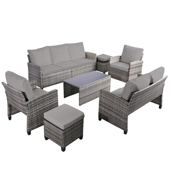 7-Pieces Patio Furniture Set Gray Wicker Outdoor Couch w/ Love-Seat,Ottomans,Rectangular Coffee table and Gray Cushions