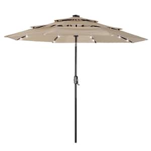 9 ft. Market Outdoor Patio Umbrella with 32 LED Lights and Push Button Tilt And Crank Table in Beige 8 Ribs (3-Tiers)