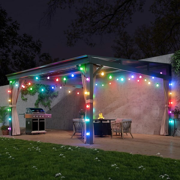 12 ft. x 14 ft. Black Aluminum Frame Wall-Mounted Galvanized Steel Hardtop Lean To Gazebo with Curtains and Netting