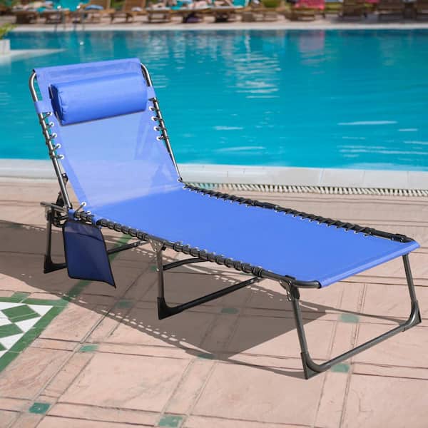 VEIKOUS Outdoor Folding Chaise Lounge Chair Fully Flat for Beach with Pillow and Side Pocket, Blue