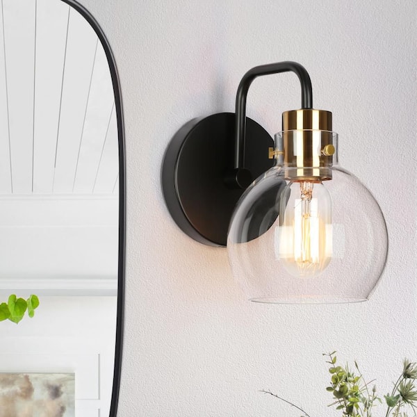 1-Light Industrial Black Wall Sconce, Modern Bedroom Brass Wall Light, DIY Globe Clear Glass Bathroom Vanity Light