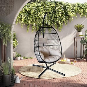 76 in. Black Flame C-Shape Bracket Outdoor Patio Wicker Rattan Steel Swing Chair with Quick Dry Cushion