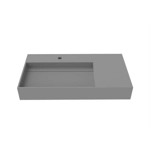 castellousa Juniper 36 in. Wall Mount Solid Surface Left Side Basin Rectangular Bathroom Sink in Matte Gray