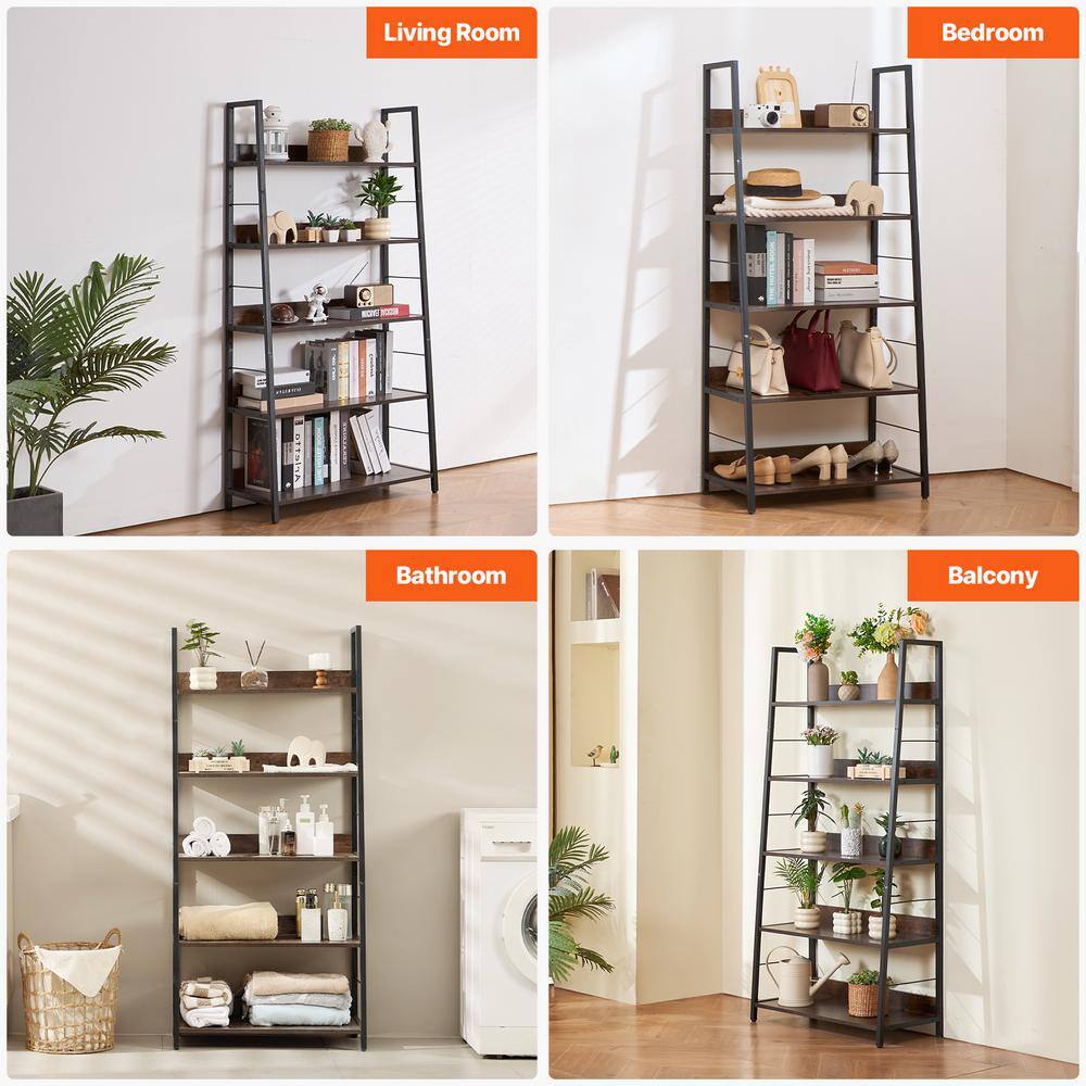 Tall Brown Matte 5-Tier Ladder Metal Bookshelf