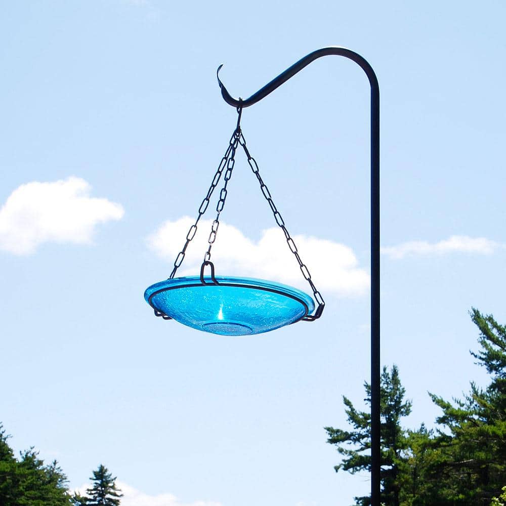 Teal Blue Crackle Glass Hanging Birdbath Bowl with Iron Chain